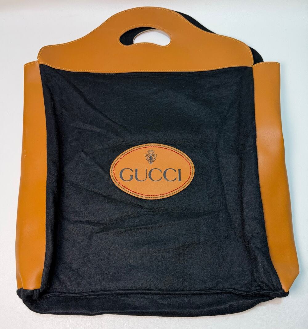 Vintage 1970s GUCCI Black Felt & Tan Leather Crest Logo Folding Shopper Tote Bag